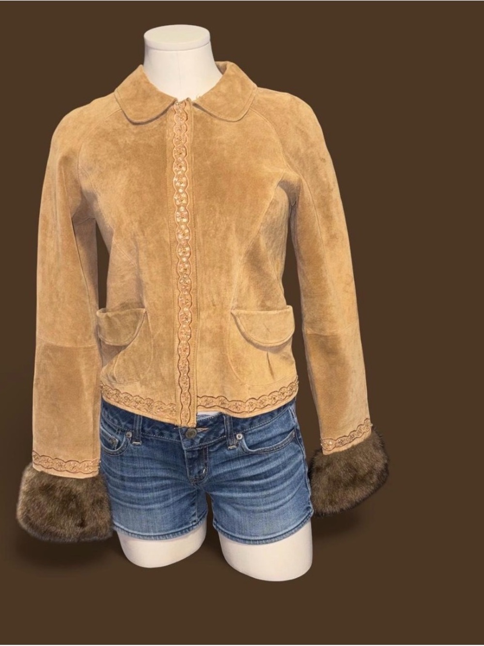 Women's Tan Suede Jacket with Fur-Trim Cuffs